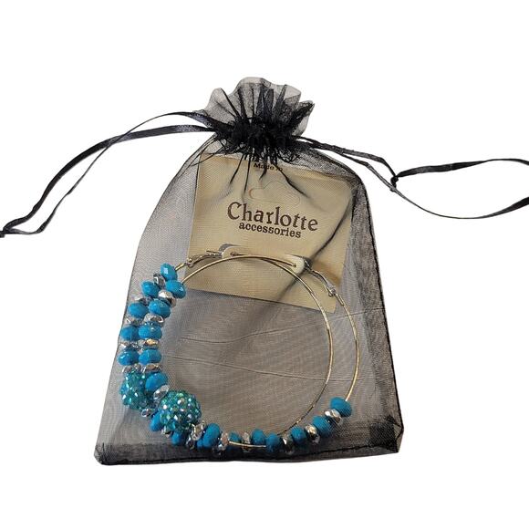 Large Blue Beaded Hoop Earrings 3" Silver Tone Rhinestone Accent Pierced Trendy - Picture 7 of 7